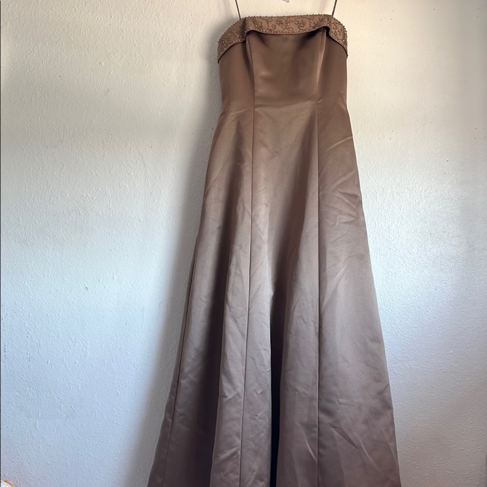 Michelangelo Tan Strapless A-line Dress for Weddings